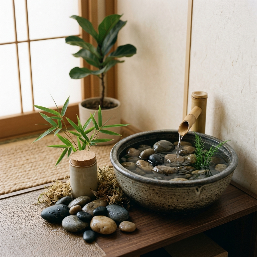 Fontana d'acqua zen in pietra per il Feng Shui domestico
