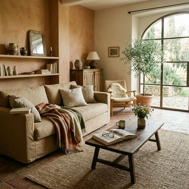 Una zona soggiorno rilassata e autentica in stile Italian Warm Minimal, con una tazza dimenticata sul tavolo e un libro aperto. Il disordine felice.