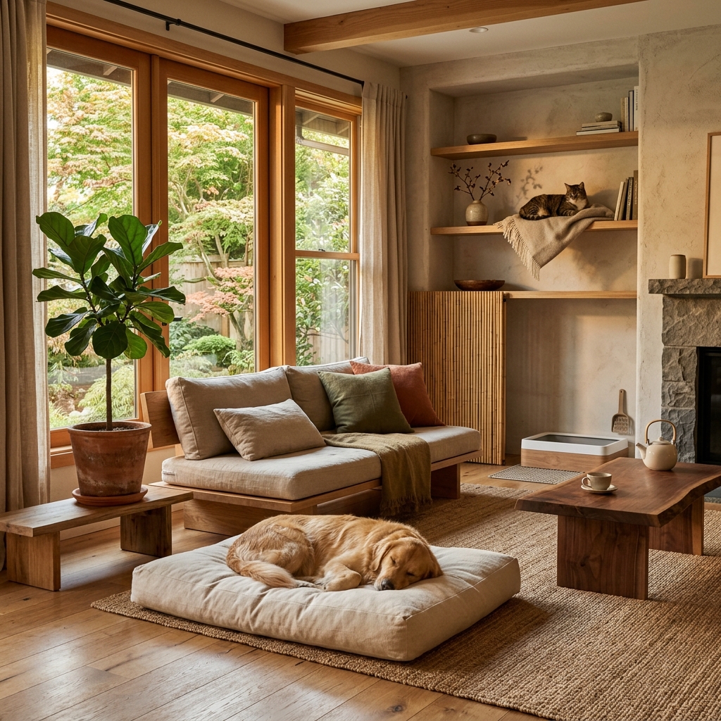 Soggiorno zen con cane golden retriever su cuccia in cotone e gatto su mensola in legno naturale