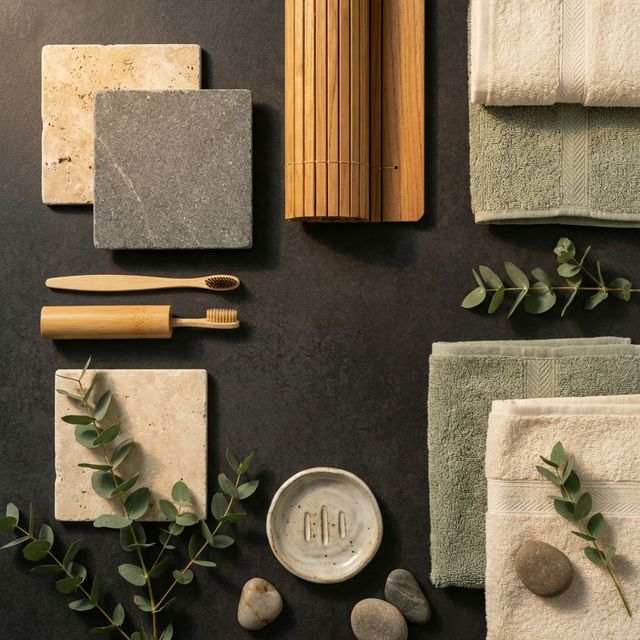 Mood board dei materiali naturali per il bagno Zen: piastrelle in pietra, accessori in bambù, asciugamani in cotone biologico e ceramica artigianale