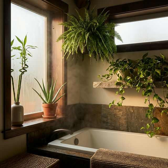Piante da bagno Feng Shui: felce di Boston sospesa, pothos a cascata, aloe vera sul davanzale e bambù della fortuna in vaso di ceramica