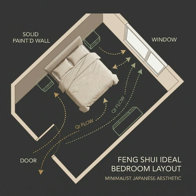 Schema della posizione ideale del letto secondo il Feng Shui con flusso del Qi dalla porta