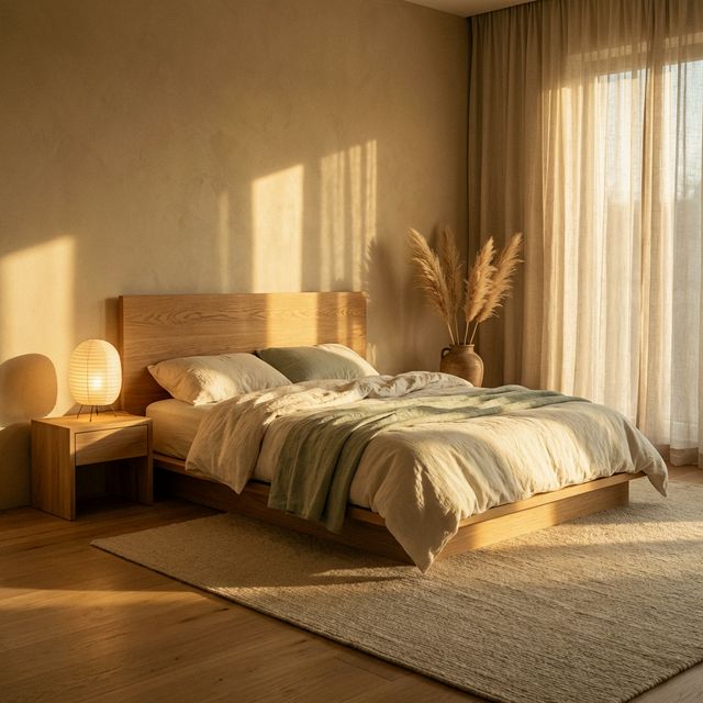 Camera da letto Zen in stile Japandi con luce calda naturale