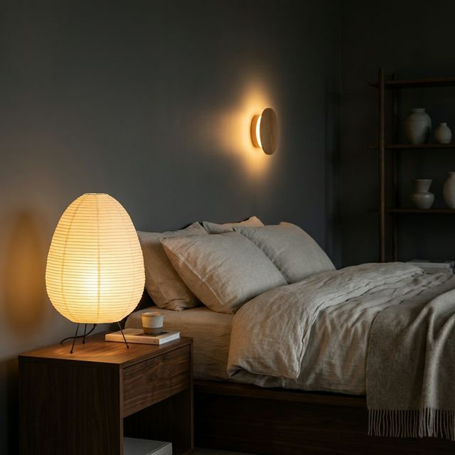 Camera da letto con illuminazione stratificata: lampada in carta di riso sul comodino e applique a muro con luce calda soffusa
