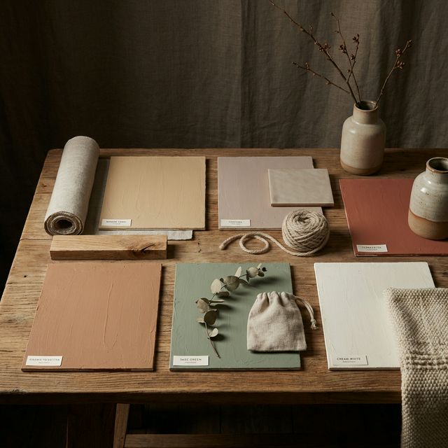 Palette colori Japandi 2026 per la camera da letto con campioni di beige sabbia, tortora, terracotta e verde salvia su tavolo in rovere