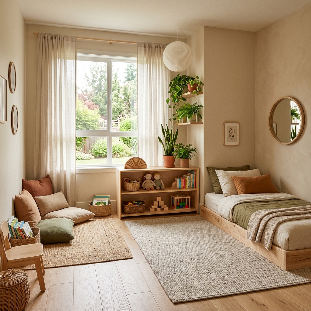 Cameretta bambini in stile Montessori e Feng Shui con letto a terra, scaffali bassi e colori naturali