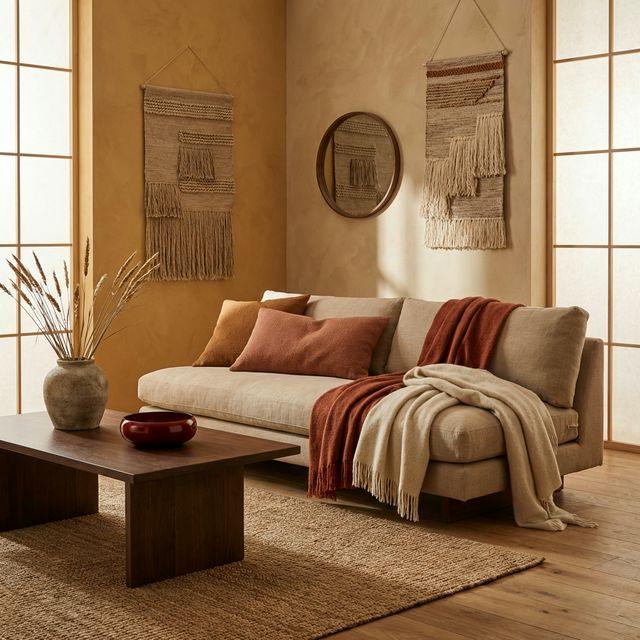 Soggiorno con colori terrosi per bilanciare l'energia del Fuoco: pareti ocra calde, tessuti in terracotta e sabbia, divano in lino con plaid, vaso in ceramica grezza