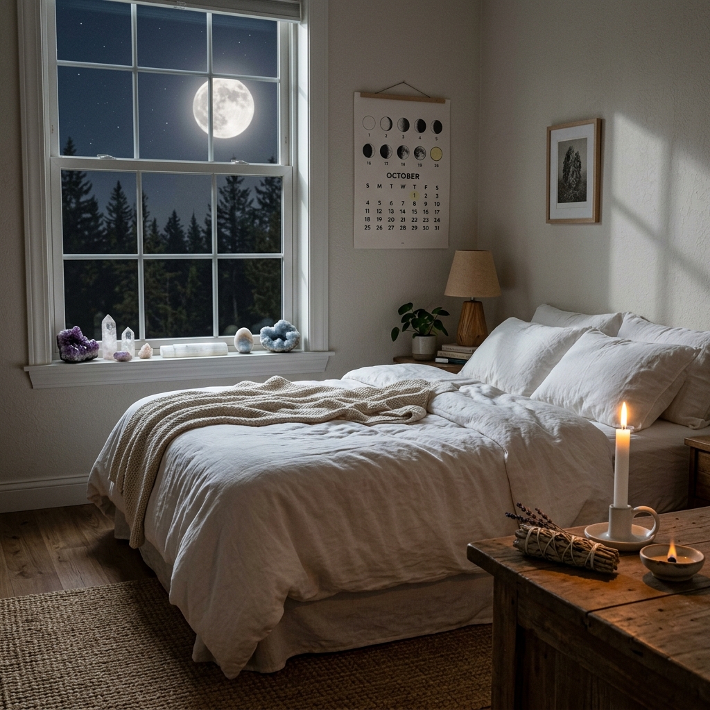 Camera da letto illuminata dalla luna piena attraverso una finestra, con cristalli e calendario lunare