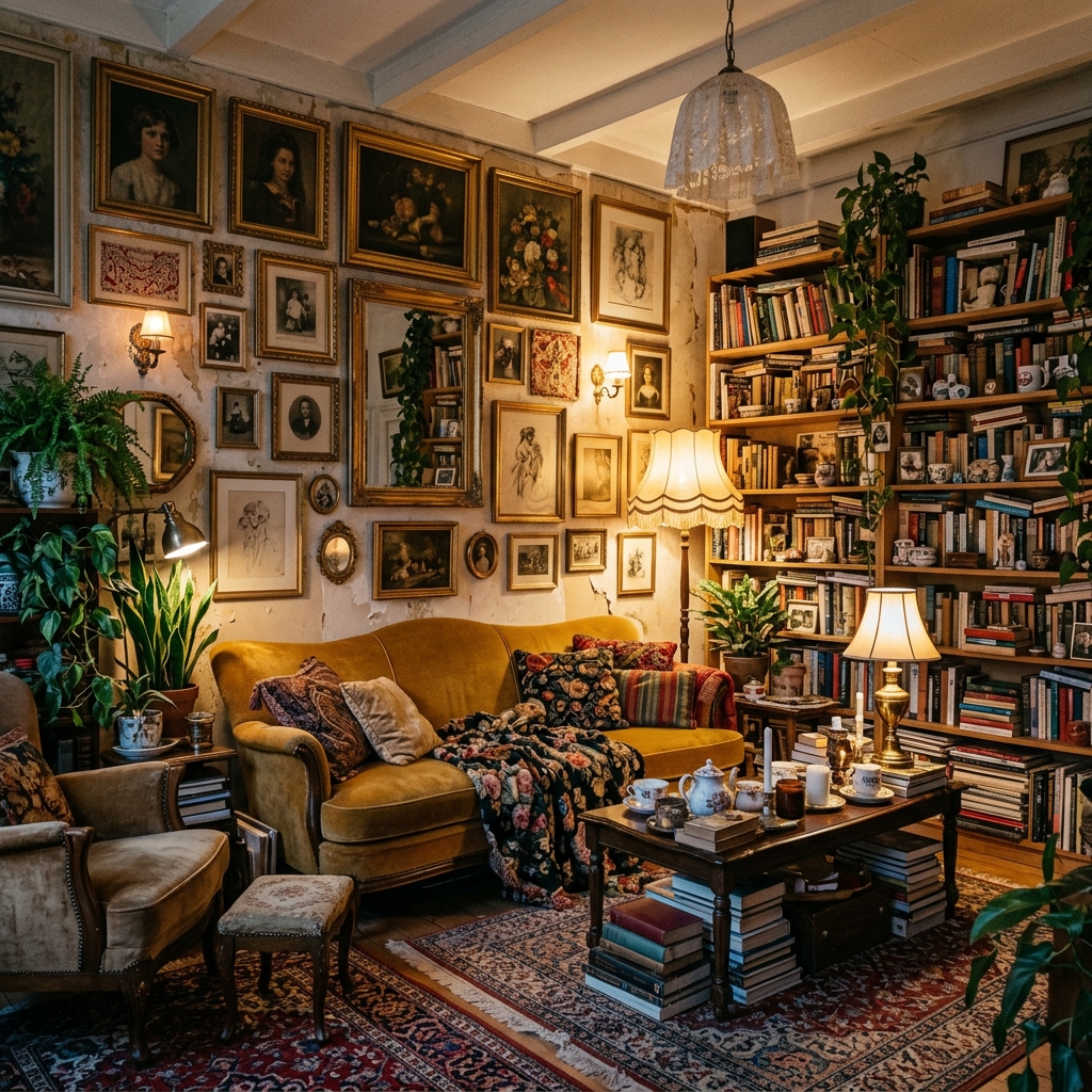 Soggiorno massimalista grandma chic con librerie piene, divano senape, arte gallery wall e piante
