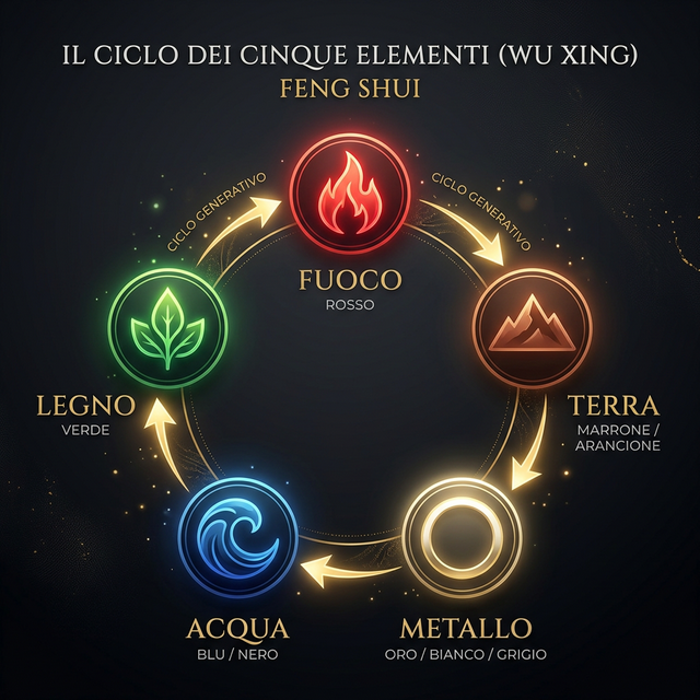 Il ciclo generativo dei Cinque Elementi del Feng Shui con i colori associati: Legno verde, Fuoco rosso, Terra giallo-marrone, Metallo bianco-oro, Acqua blu-nero