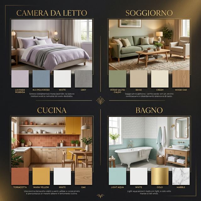 Guida visuale delle palette colori per stanza: camera da letto in toni blu-lavanda, soggiorno in verde-beige, cucina in terracotta, bagno in azzurro chiaro