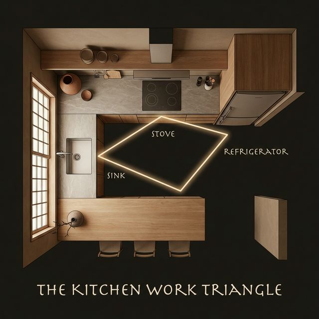 Schema del triangolo del lavoro in cucina con lavandino, fornelli e frigorifero disposti in un triangolo equilatero
