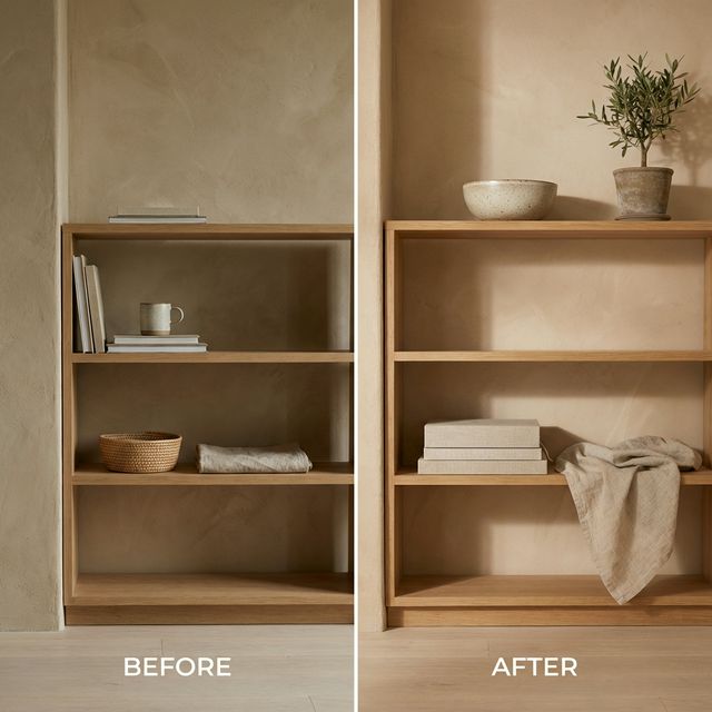 Scaffale Japandi prima e dopo il decluttering consapevole con oggetti curati e spazi vuoti intenzionali