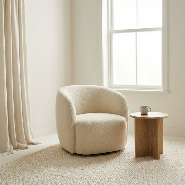 Stanza minimalista in Pantone Cloud Dancer: off-white etereo e caldo su tutte le superfici. Poltrona bouclé, tavolino rotondo in rovere, tazza in ceramica, tenda in lino, tappeto intrecciato