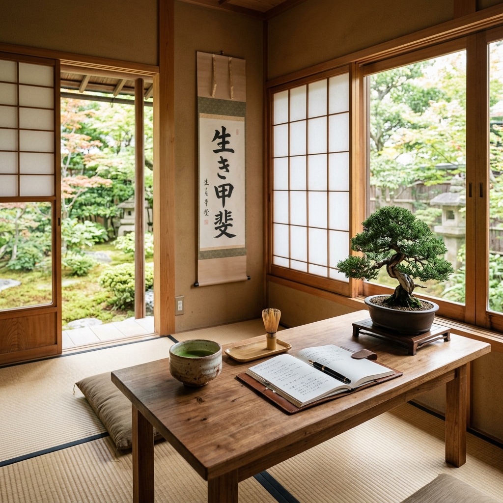 Stanza giapponese contemplativa con scrivania in legno, tazza di matcha, bonsai e rotolo calligrafico Ikigai
