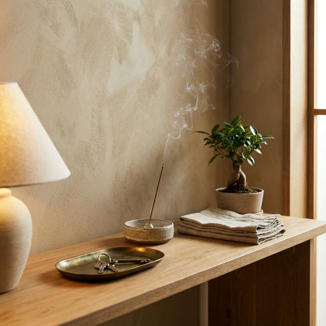 Dettaglio console d'ingresso Japandi con vassoio portachiavi in ottone, portaincenso in ceramica con fumo, bonsai e lino piegato