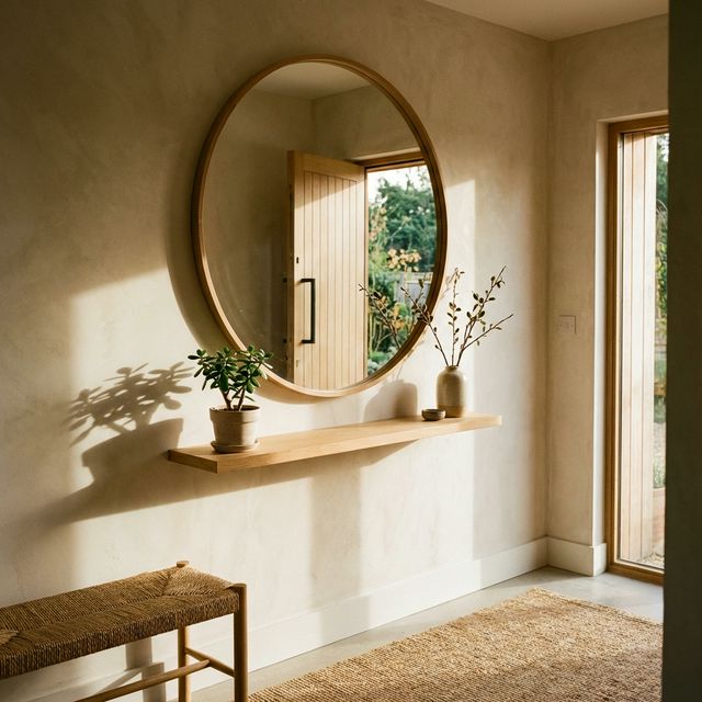 Specchio rotondo elegante in un ingresso Feng Shui che riflette la luce naturale dalla porta, mensola in rovere con pianta di giada