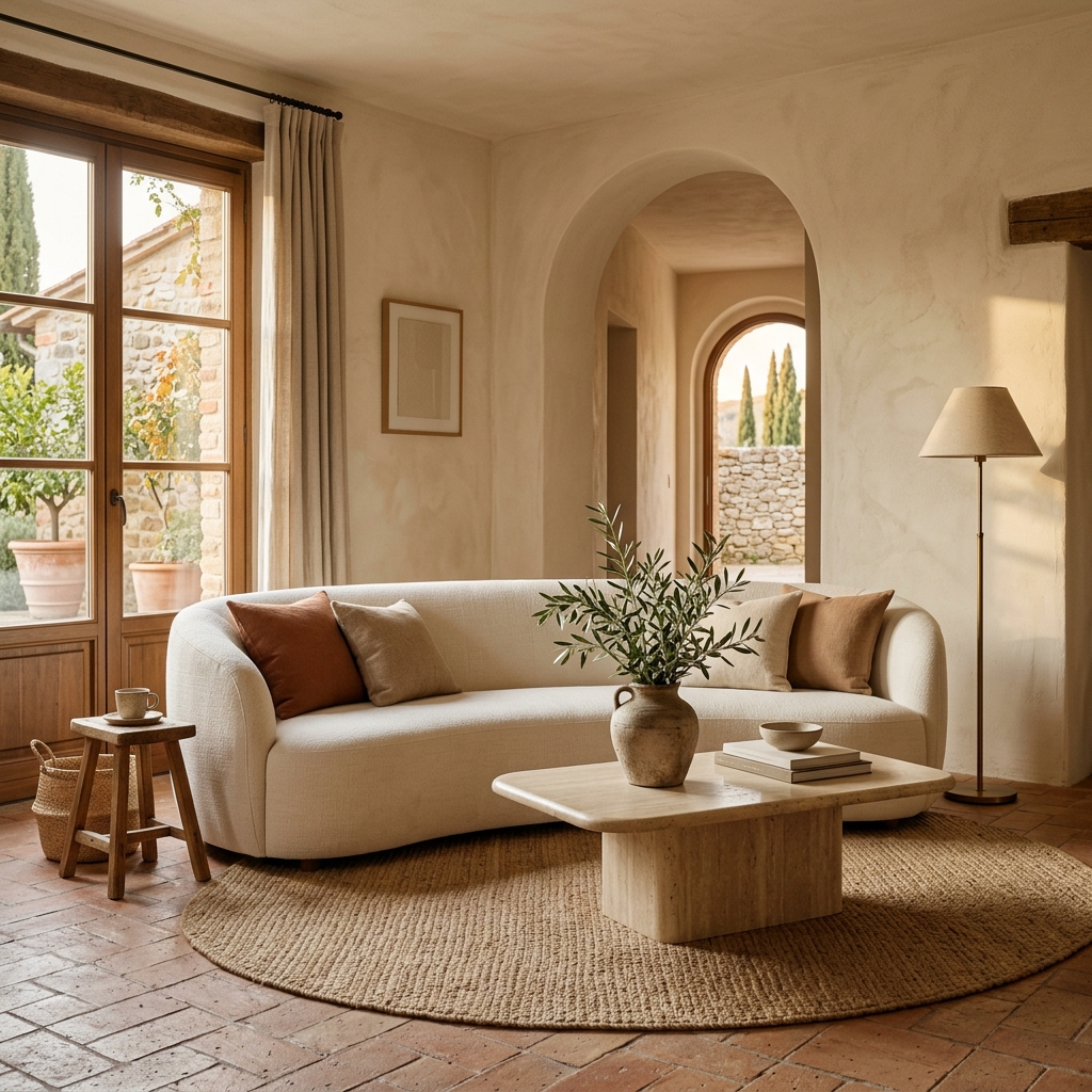 Soggiorno Italian Warm Minimal con divano curvo in lino, pavimento in cotto, arco e luce mediterranea