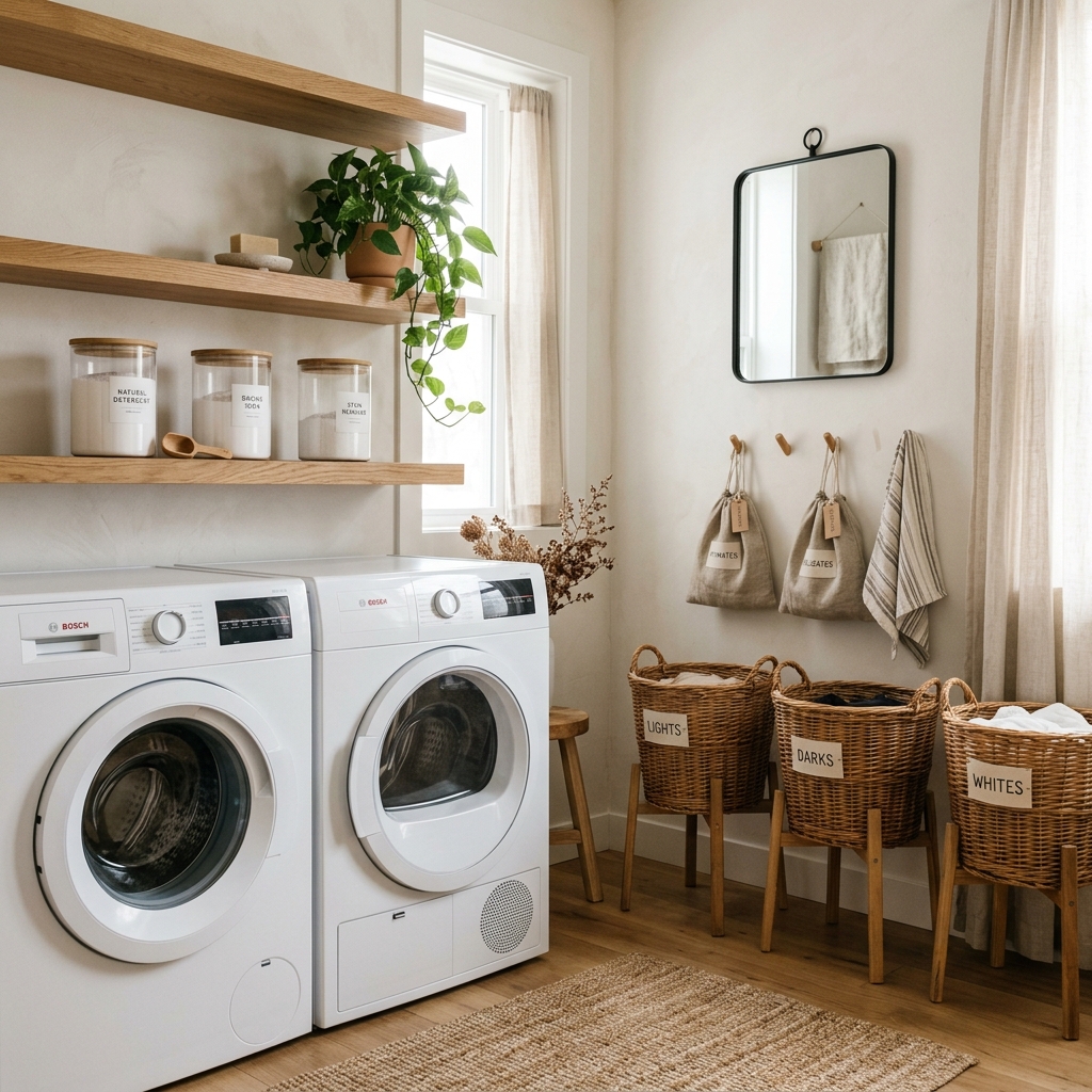 Lavanderia minimalista con lavatrice bianca, mensole in legno con prodotti naturali, pianta verde e cestini in vimini