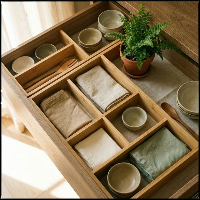 Cassetto organizzato con divisori in bambù, tessuti in lino e ceramiche artigianali Wabi-Sabi