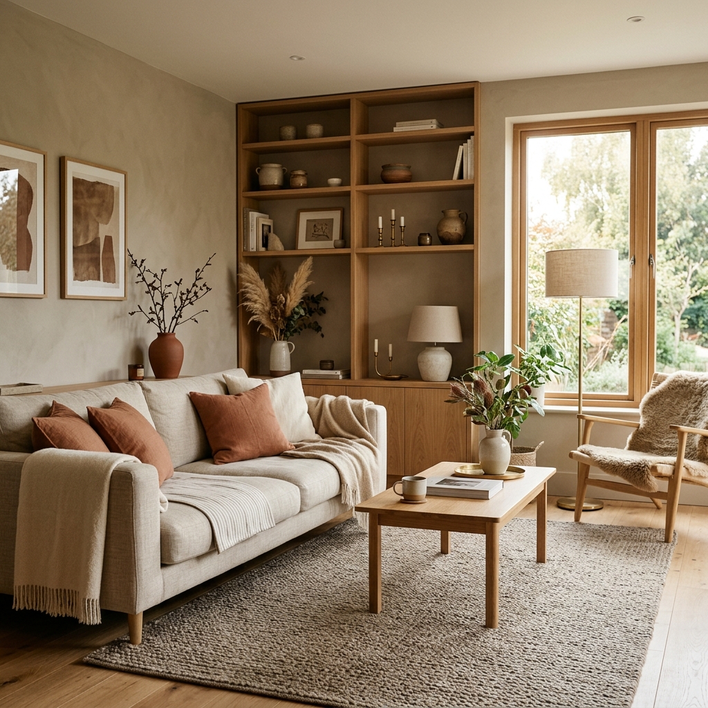 Soggiorno con pareti in greige caldo, divano in clay arancione bruciato, cuscini mushroom e pavimento in rovere chiaro