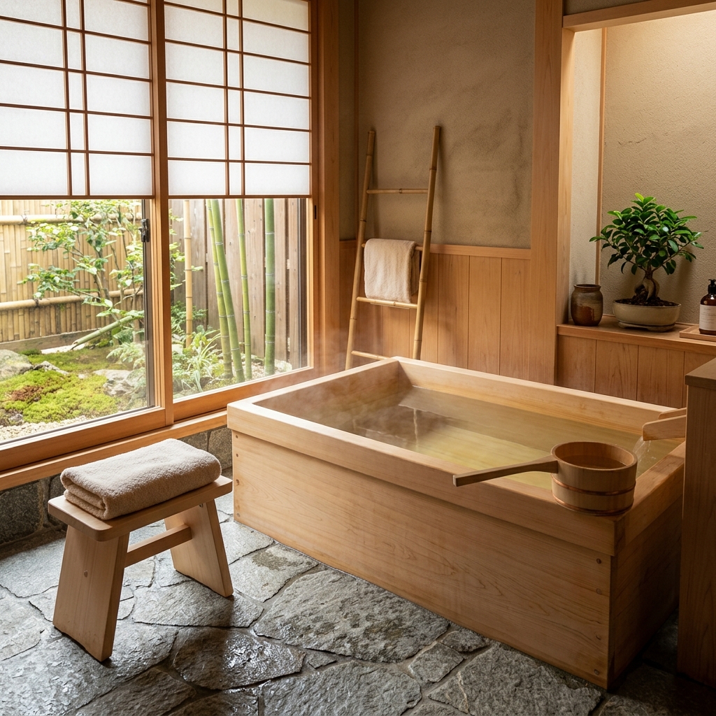 Bagno giapponese con vasca Ofuro in legno Hinoki, pavimento in pietra naturale, bambù e luce calda ambientale