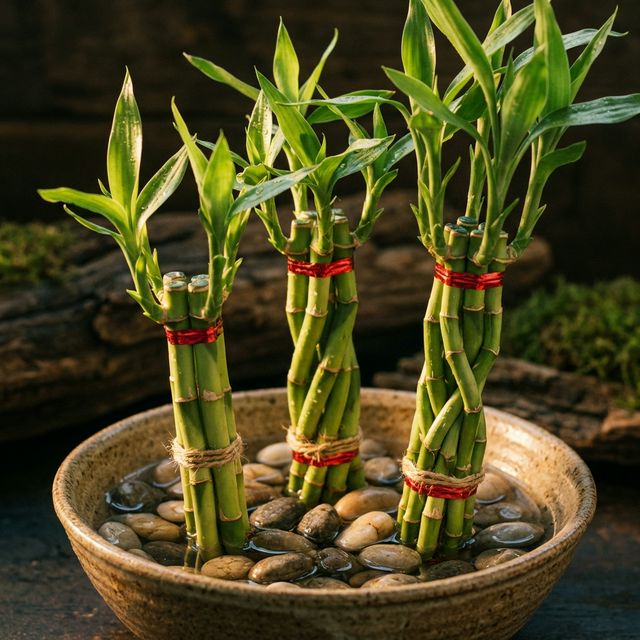 Bambù della Fortuna in ciotola di ceramica con ciottoli e acqua, composizione da tre, cinque e sette steli