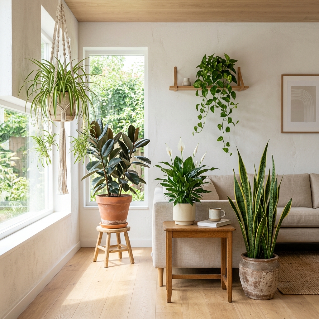 Piante da interno che purificano l'aria in un soggiorno luminoso con Sansevieria, Pothos e Spatifillo