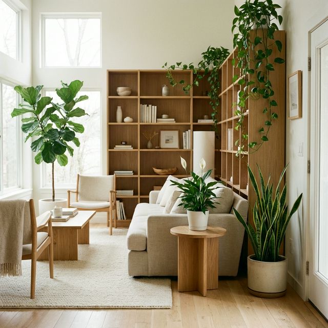 Soggiorno con piante posizionate secondo il Feng Shui: ficus nell'angolo ricchezza, sansevieria all'ingresso, spatifillo sul tavolino, pothos sulla libreria