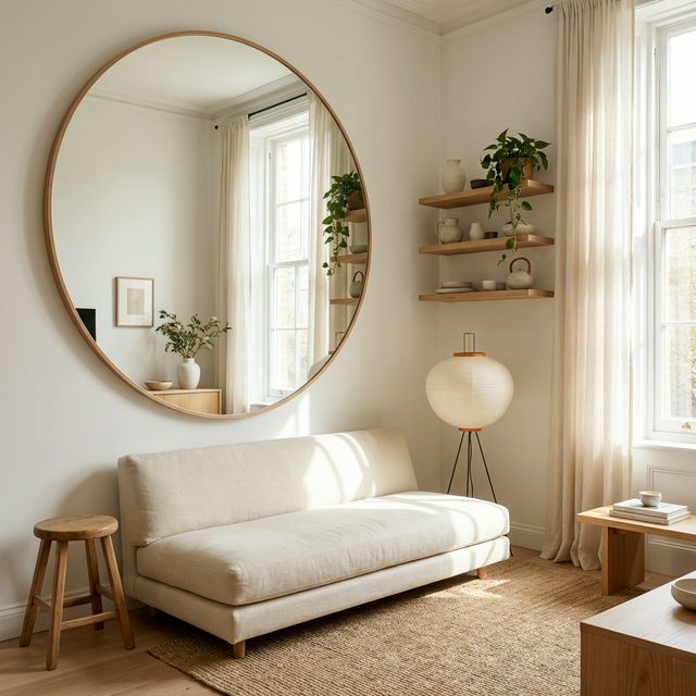 Monolocale Japandi con grande specchio rotondo che riflette la finestra, raddoppiando la luce naturale e la percezione dello spazio. Divano basso, scaffali sospesi, piante
