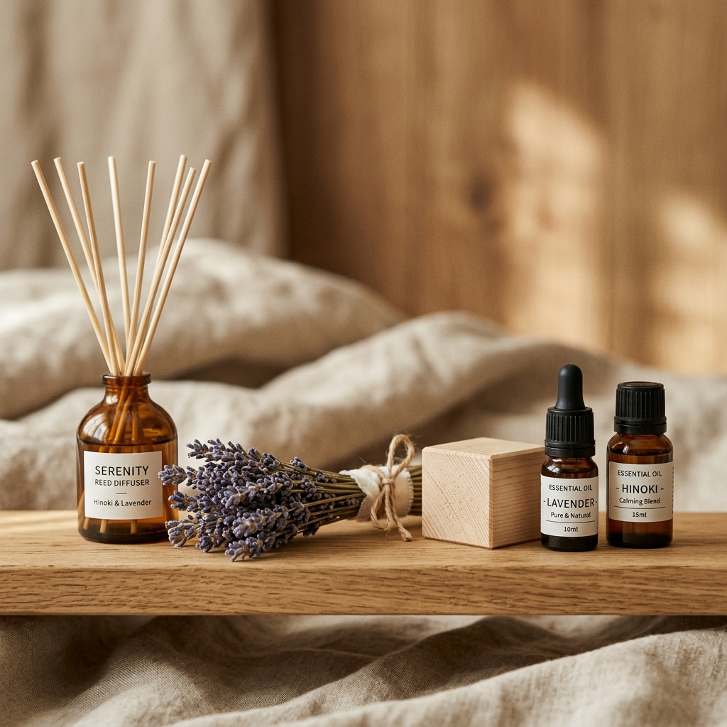Diffusore a bastoncini in vetro con oli essenziali di hinoki e cedro su mensola in legno naturale