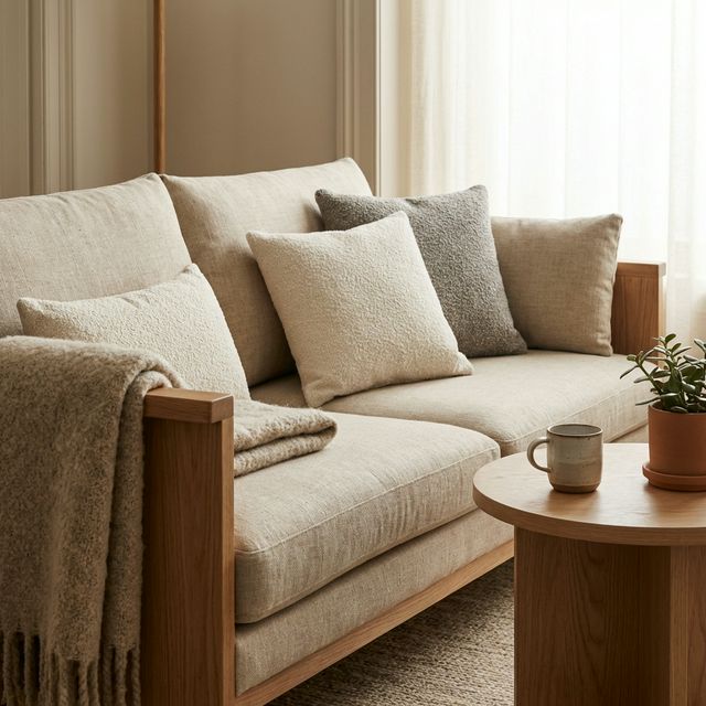 Dettaglio zona seduta Japandi con divano basso in lino con cuscini in bouclé, tavolino rotondo in rovere con tazza in ceramica e pianta, plaid in lana drappeggiato