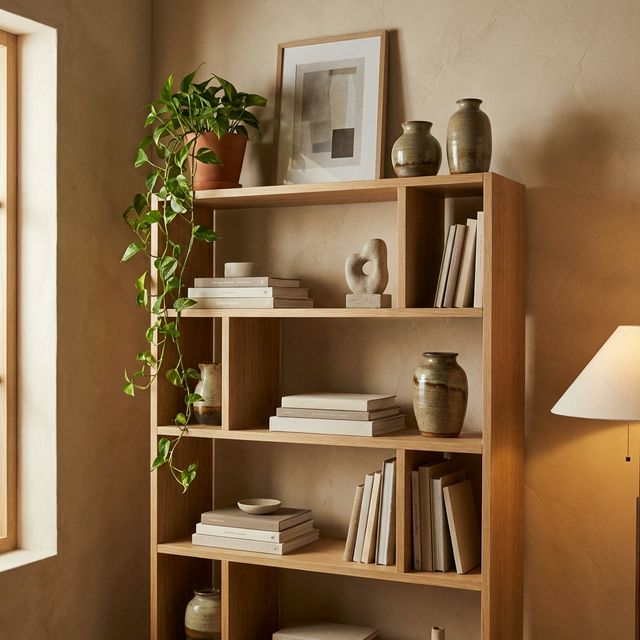 Libreria aperta in rovere stile Japandi con disposizione asimmetrica di libri, vasi in ceramica, scultura astratta, pothos a cascata e quadro incorniciato
