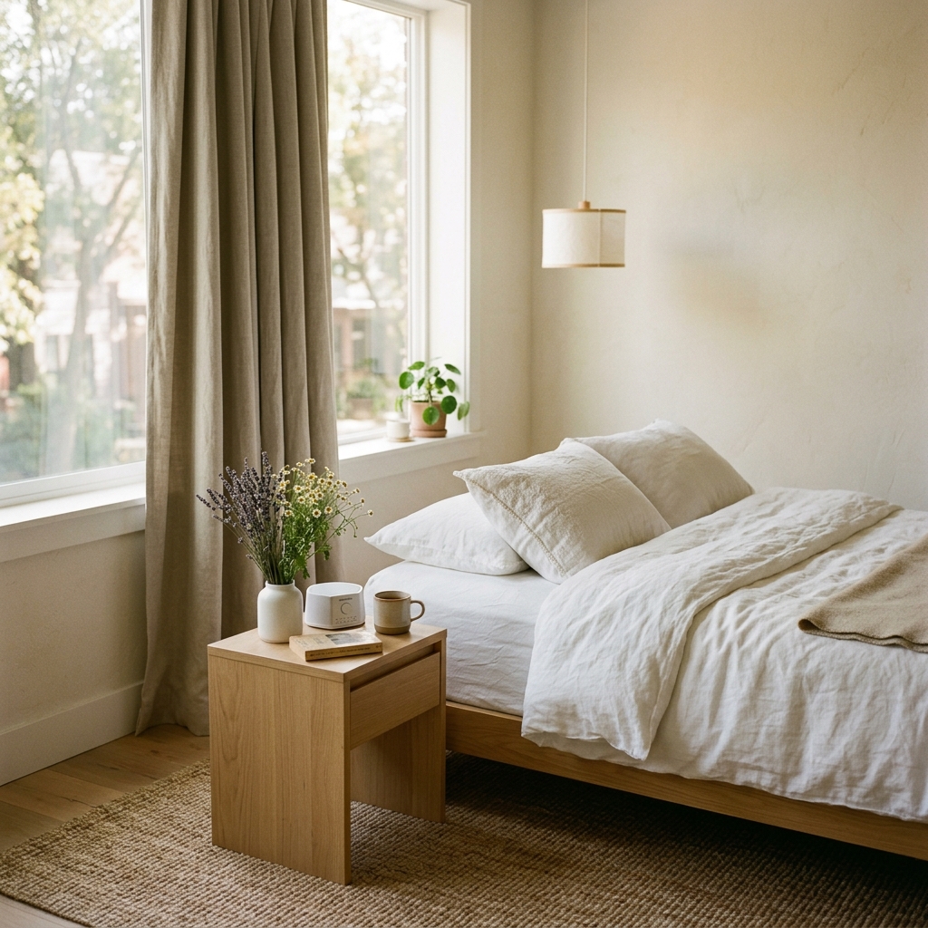 Camera da letto zen con luce soffusa per il sonno profondo
