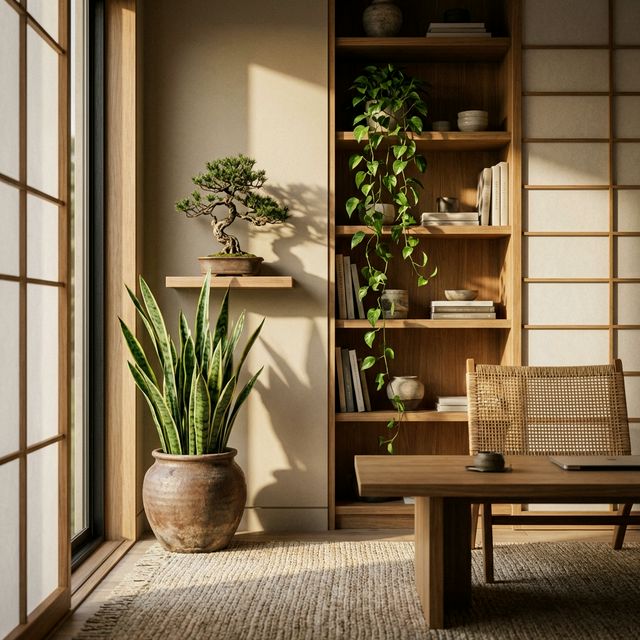 Angolo studio Zen con sansevieria in vaso di ceramica, bonsai su mensola e pothos a cascata dalla libreria in rovere