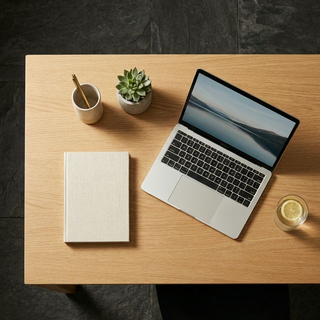 Scrivania minimalista organizzata vista dall'alto con laptop, notebook, succulenta e bicchiere d'acqua
