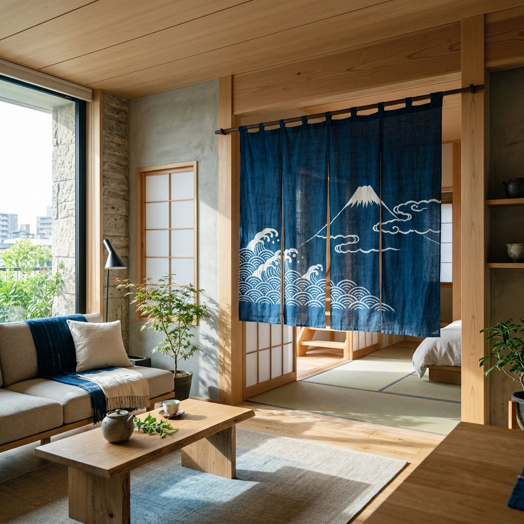 Appartamento giapponese moderno con tende Noren in indaco con motivi di onde e Monte Fuji