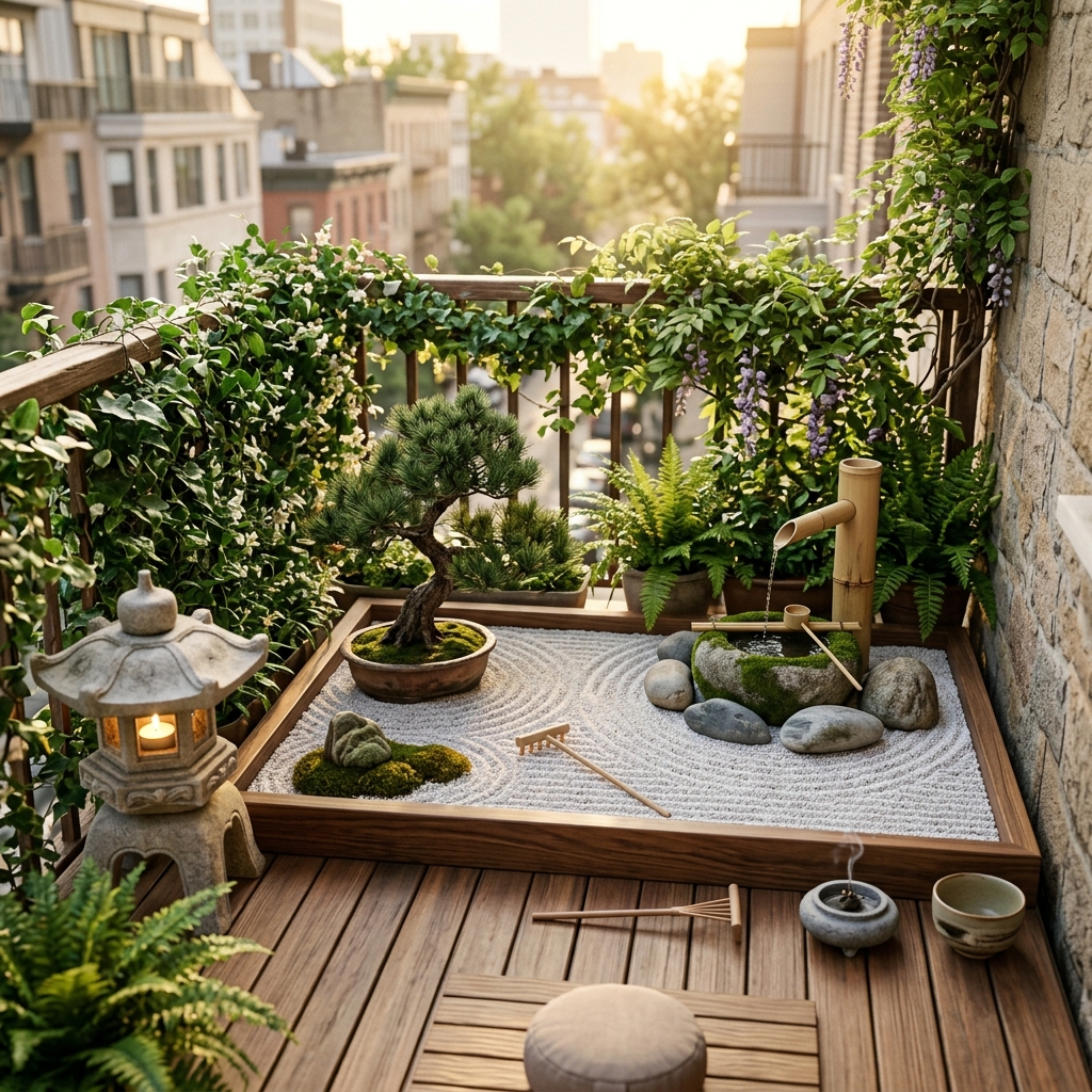 Terrazzo urbano trasformato in giardino zen con sabbia rastrellata, bonsai e fontana in bambù