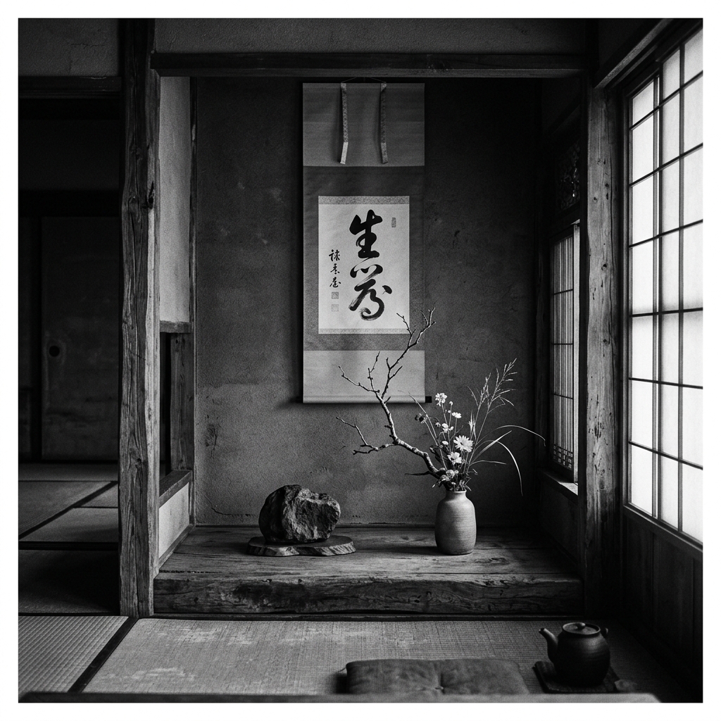 Tokonoma tradizionale con ikebana e kakemono