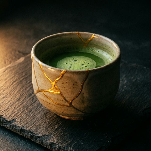 Tazza da tè riparata con l'arte del Kintsugi: venature d'oro che riempiono le crepe, matcha verde all'interno, su pietra ardesia scura