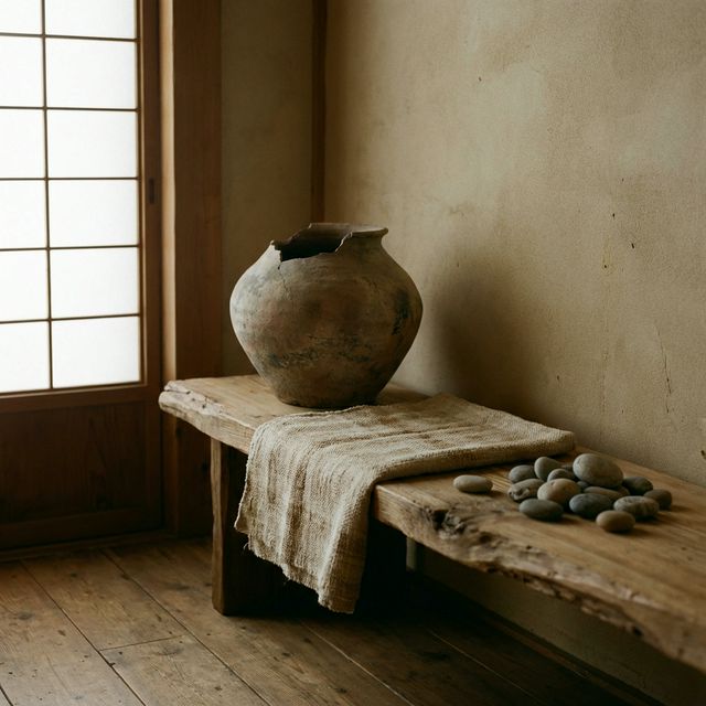 Interno Wabi-Sabi con panca in legno recuperato dal bordo organico, vaso in argilla invecchiata, tessuto a mano e ciottoli di pietra, luce naturale attraverso pannello di carta