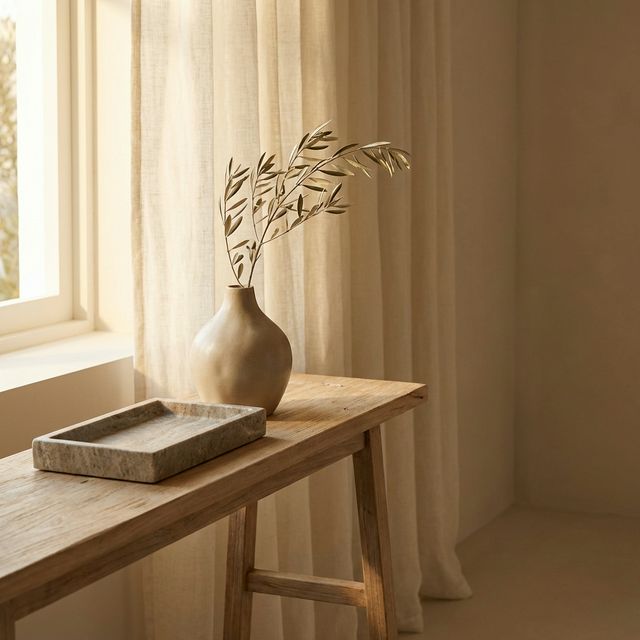 Console da ingresso in stile Japandi con vaso in ceramica e ramo di ulivo nella luce dorata