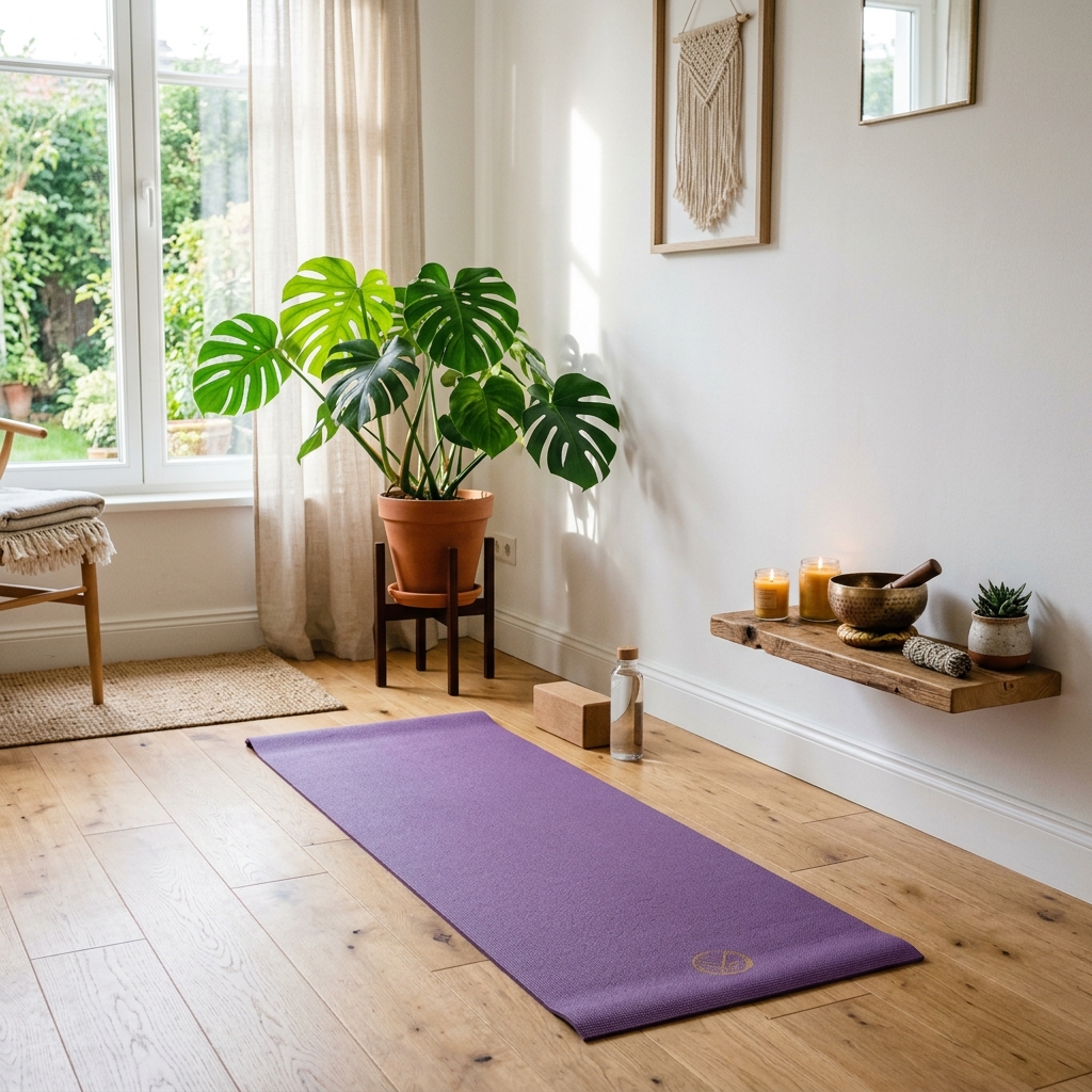 Angolo yoga e meditazione in casa con tappetino e cuscino